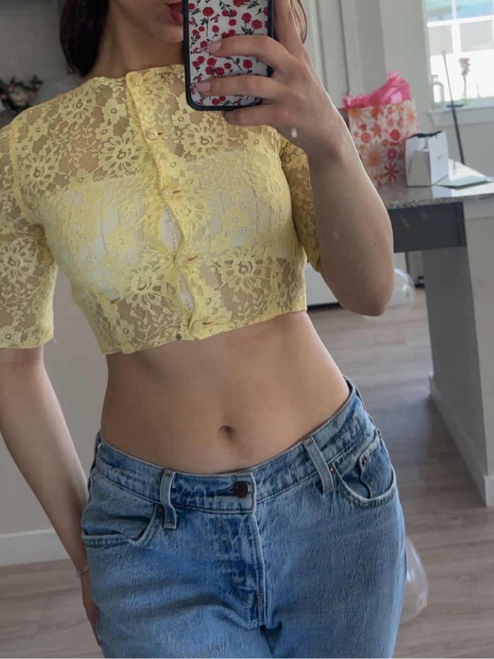 Vintage Yellow Lace Cropped Top